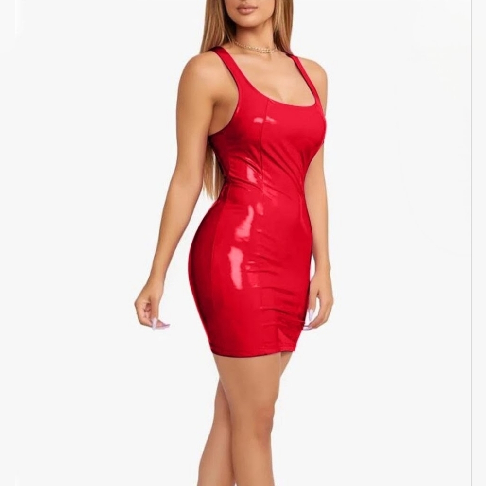 Vinyl Mini Dress in Vibrant Red Size L - Picture 3 of 16